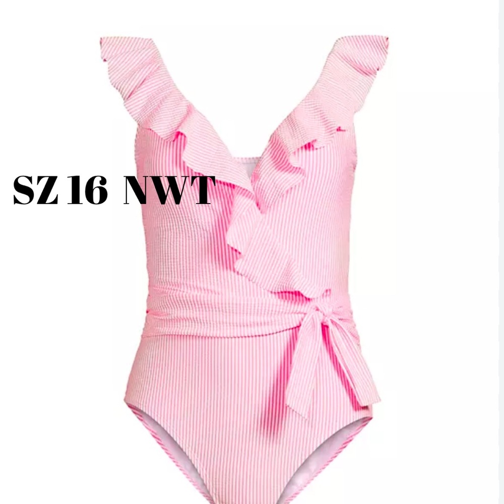 NWT 16 Lilly Pulitzer Delphie One-Piece Seersucker Ruffle Swimsuit Roxie Pink